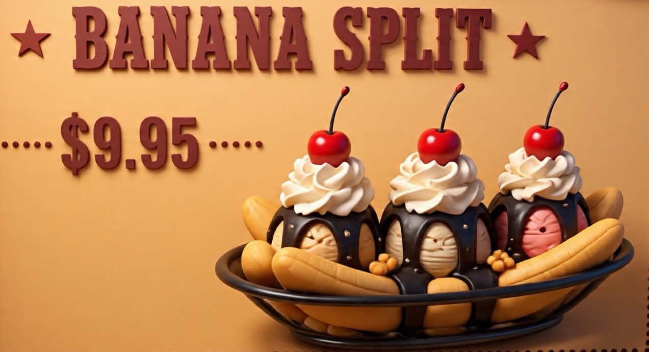 Banana Split — three scoops with whipped cream and cherries in a boat, $9.95
