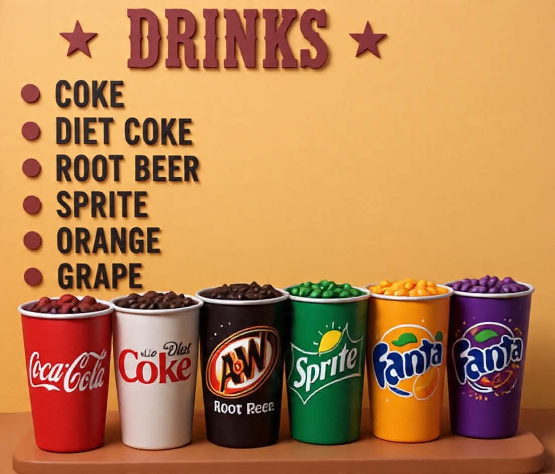 Drinks — Coke, Diet Coke, Root Beer, Sprite, Orange and Grape in colorful cups