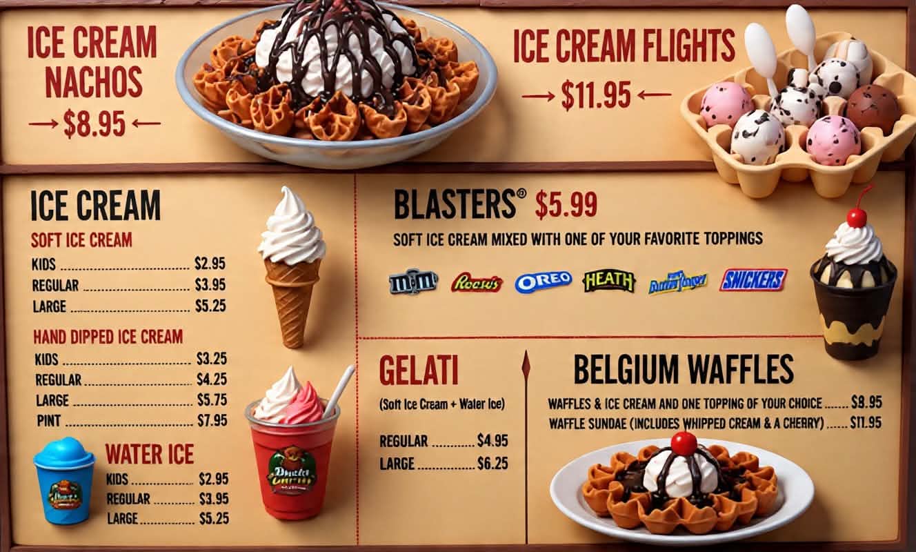 Ice cream nachos, ice cream flights, blasters, gelati and Belgium waffles menu board