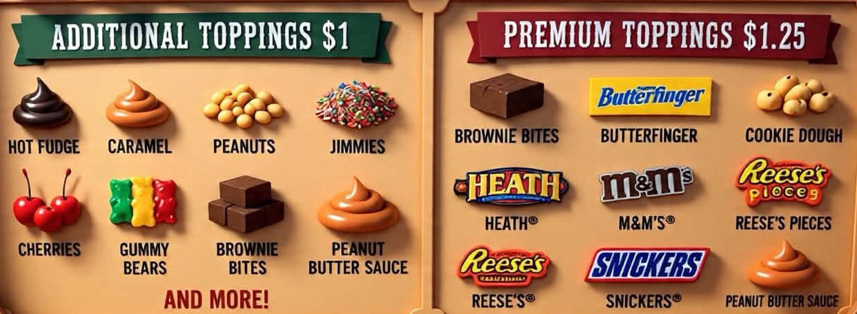 Additional toppings $1 and premium toppings $1.25 — hot fudge, caramel, peanuts, jimmies, Reese's, Snickers and more