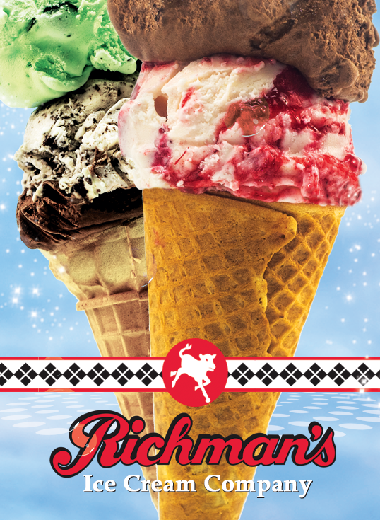 Richman's Ice Cream Company hand-dipped ice cream cones in chocolate, strawberry, mint and cookies & cream